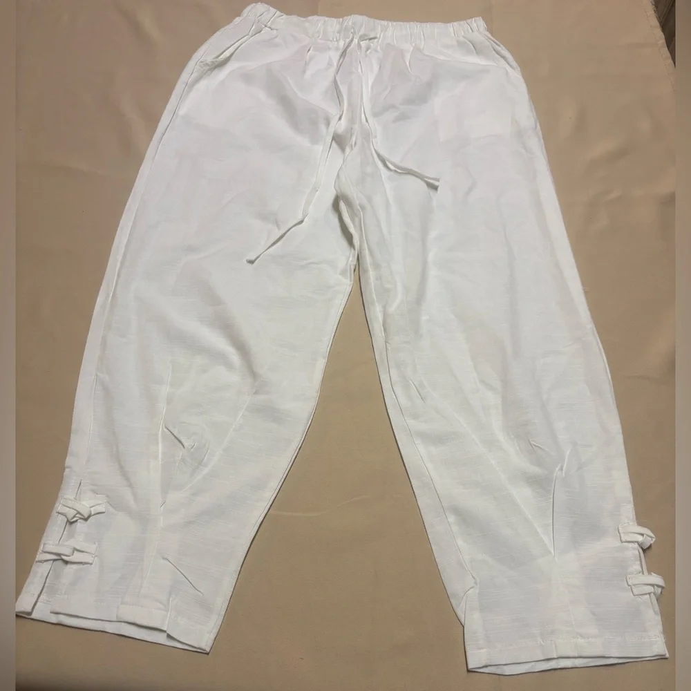 Linen Blend Pants‎ Womens M White Cropped Summer Resort Comfort Capri Drawstring